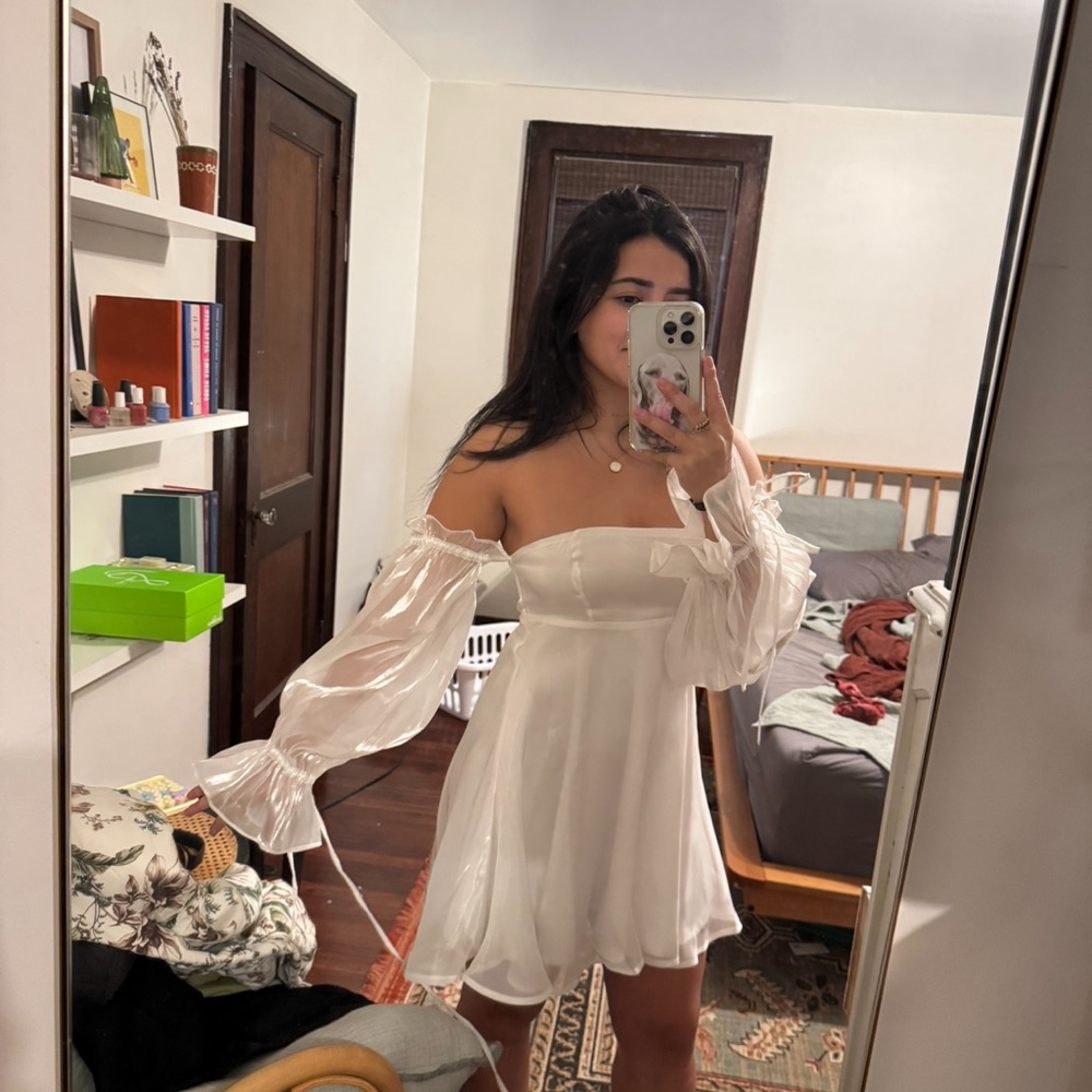 Alamour The Label White Off-Shoulder Bishop Sleeve Mini Dress